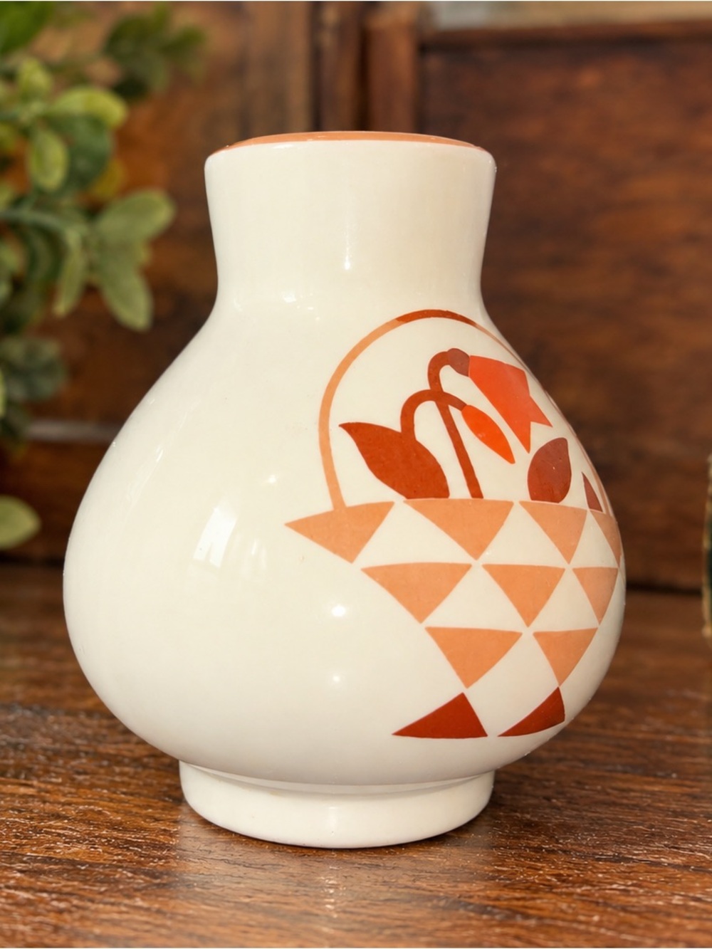 Vintage Cream Ceramic Vase Orange Brown Floral Basket Geometric Retro MCM Style